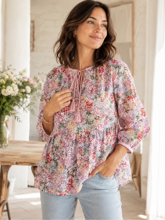 Joules Tops - Joules Floral Eyelet Cotton Blouse White Pink Tassel Tie Size 12